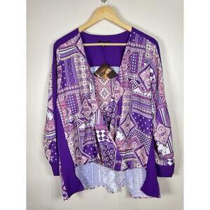 NWT IMAN women’s Blouse XL Boho Patchwork Paisley Hi Low Hem Drape Front Purple